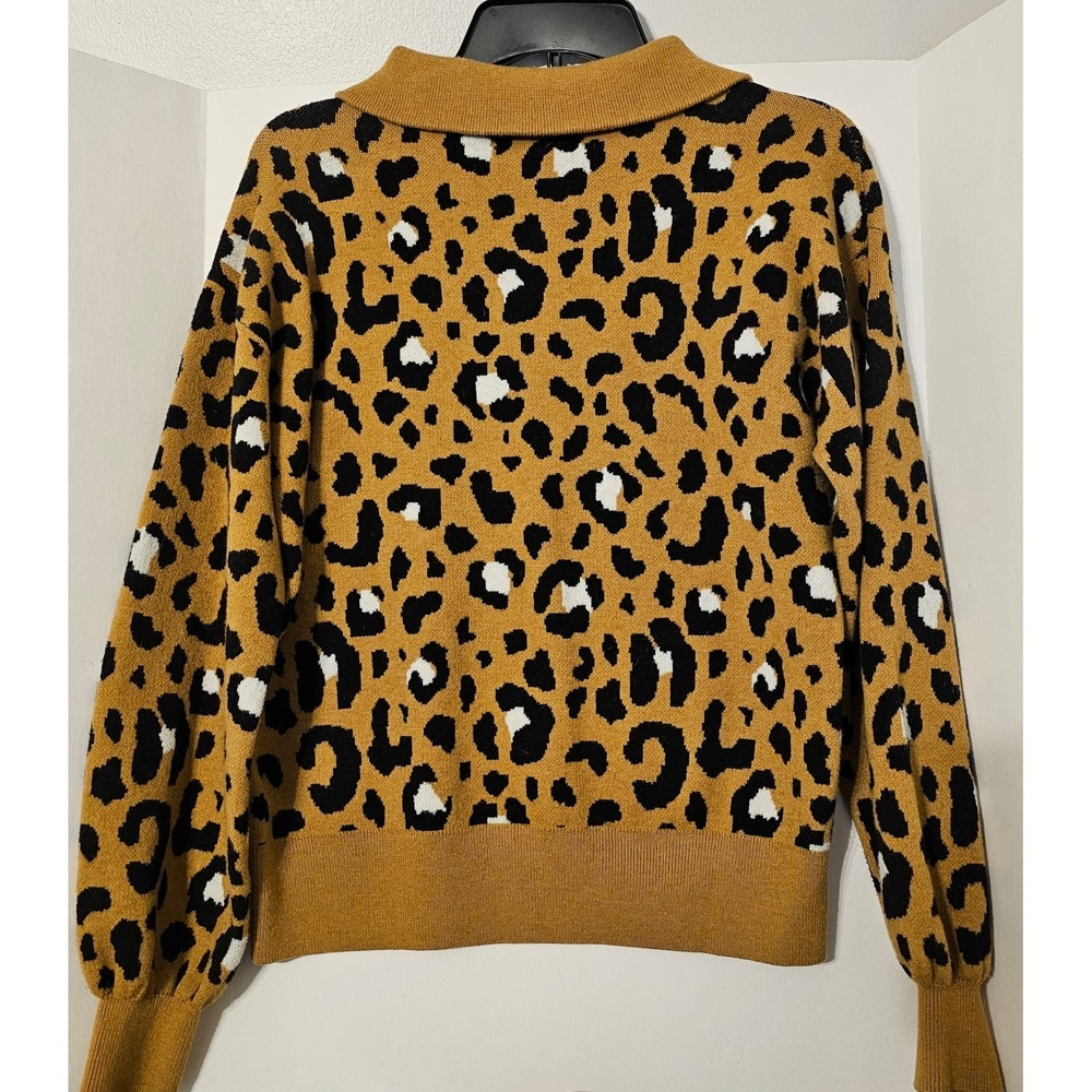 Nine West Womens Leopard Print Quarter Zip Sweater Mustard Yellow Black‎ Size M - Picture 2 of 5